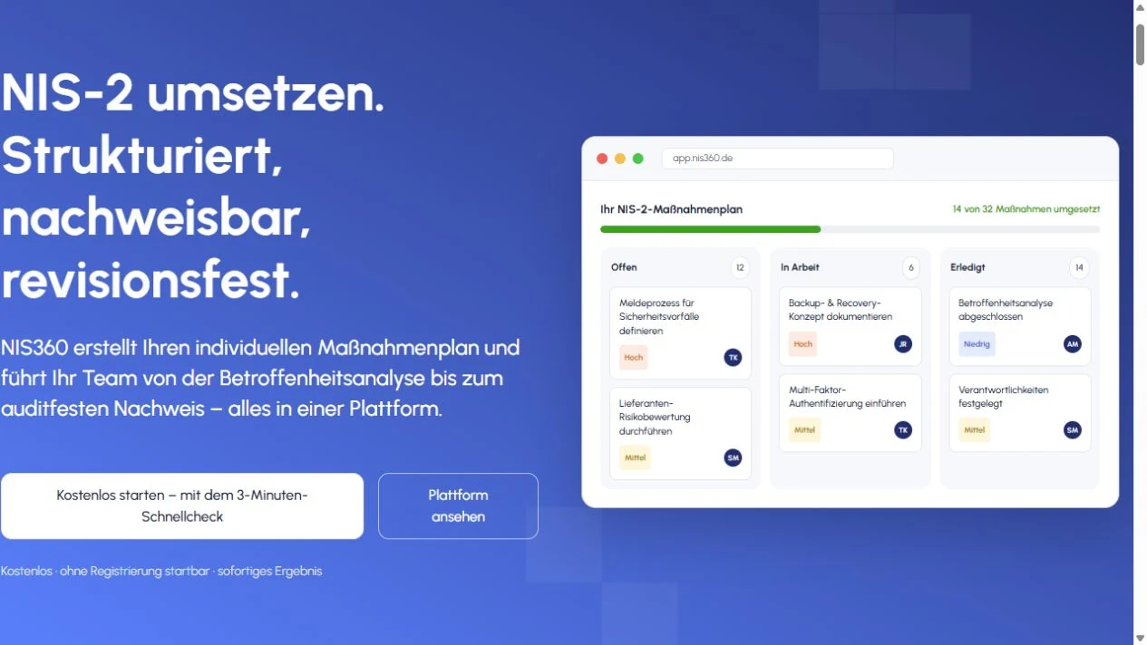 Aktuelle Ansicht der NIS360-Plattform